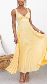 Sunny | Women’s Yellow Pleated V-Neck Maxi Dress