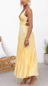 Sunny | Women’s Yellow Pleated V-Neck Maxi Dress
